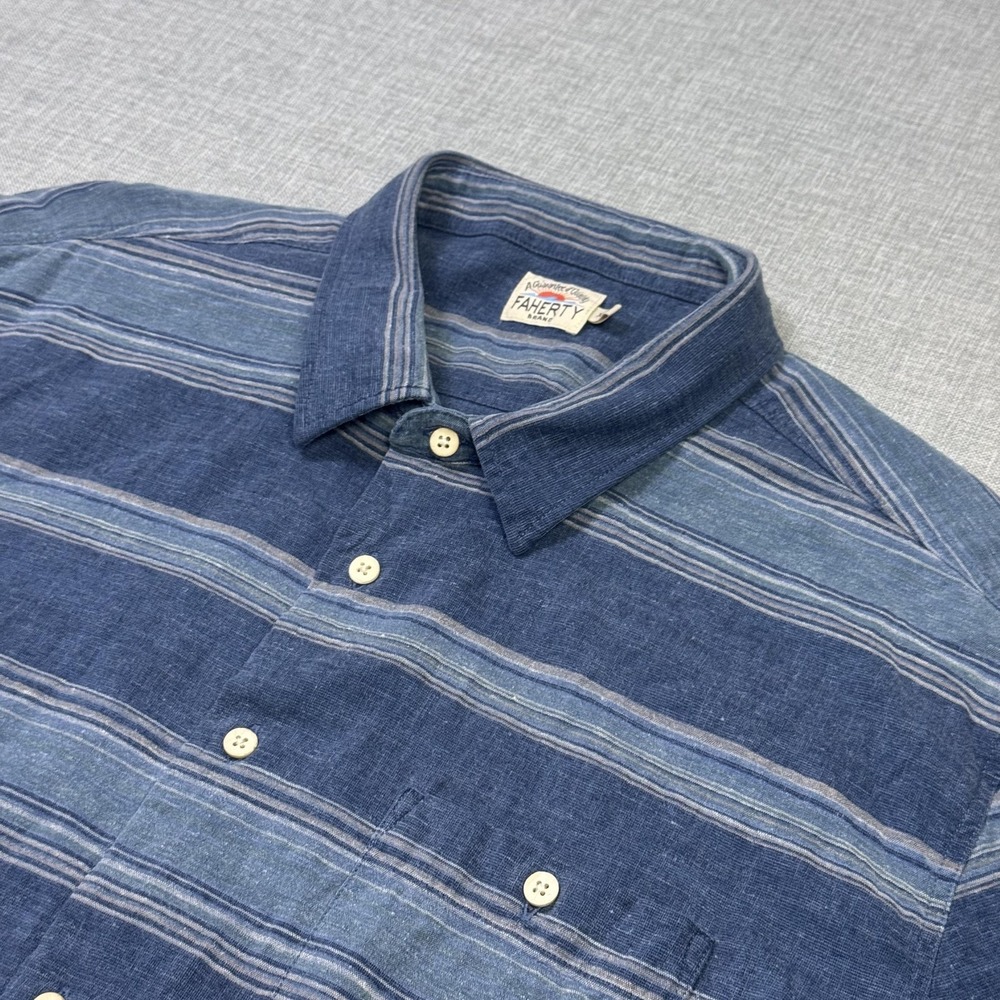 Faherty Short Sleeve Breeze Button-Up Shirt Hemp Blend Mens XL Blue Striped